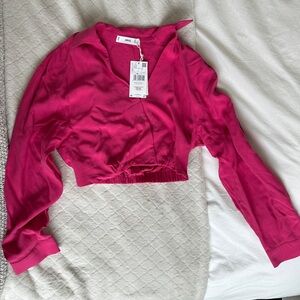 Hot Pink Cropped Collared Long Sleeve